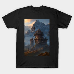 Surreal Magical Asian Tower in Beautiful Landscape and Trees by the Mountains T-Shirt